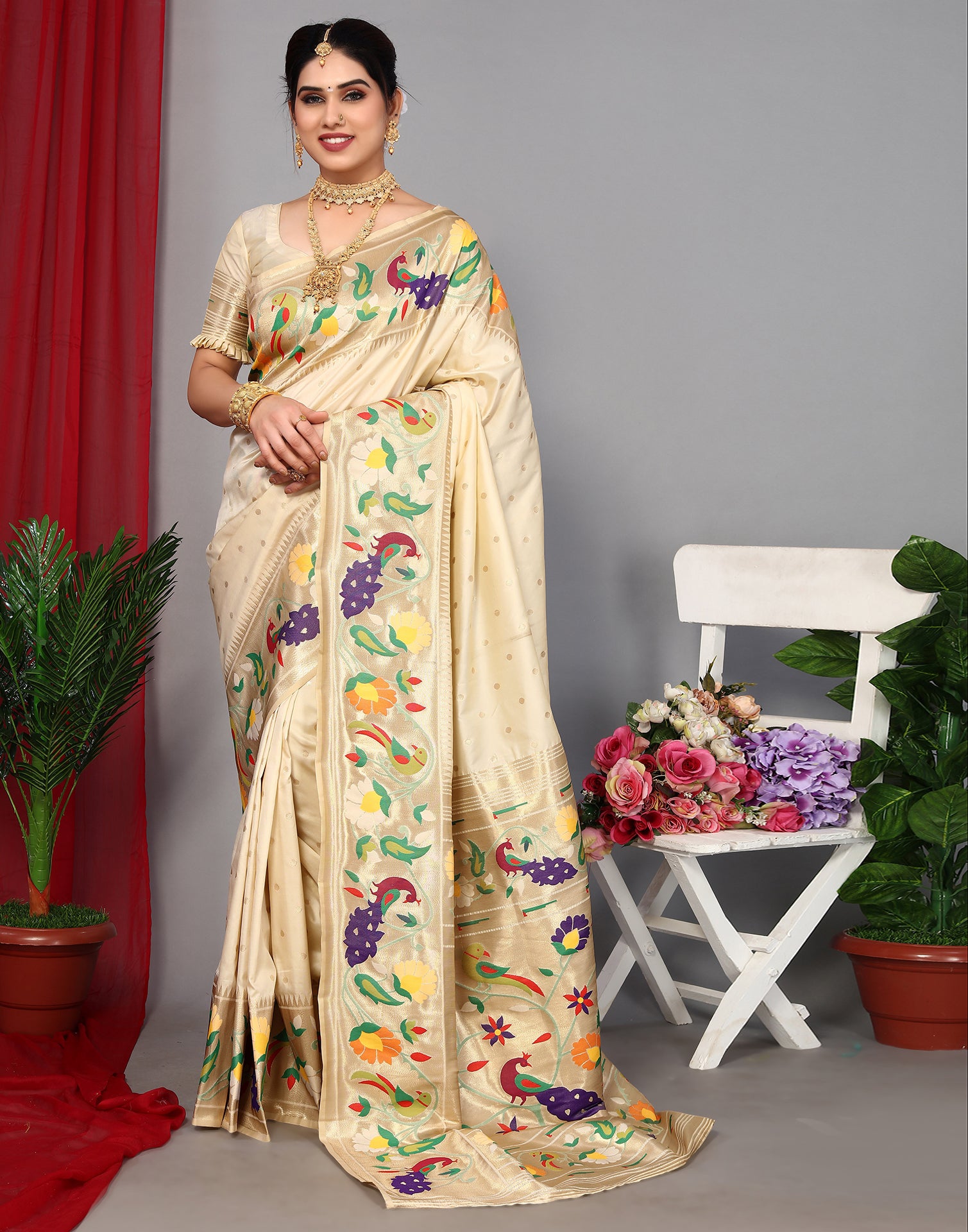 Beige Paithani Silk Saree | Leemboodi