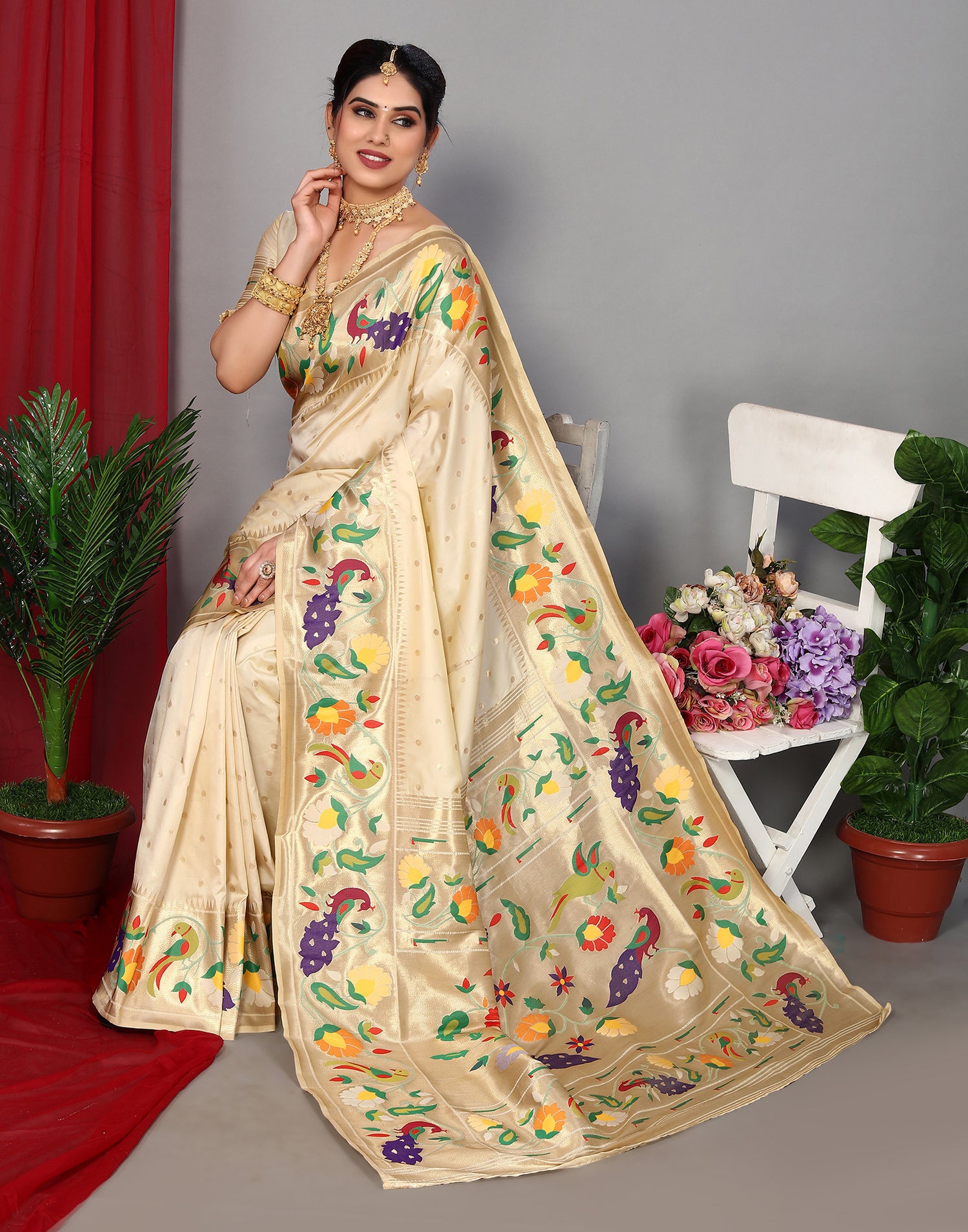 Beige Paithani Silk Saree | Leemboodi