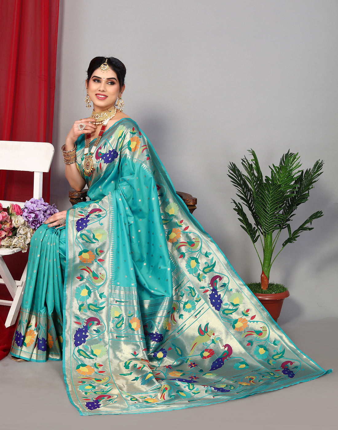 Turquoise Paithani Silk Saree | Leemboodi