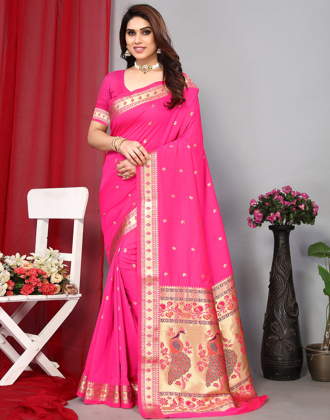 Pink Paithani Silk Saree With Zari Weaving Work | Leemboodi