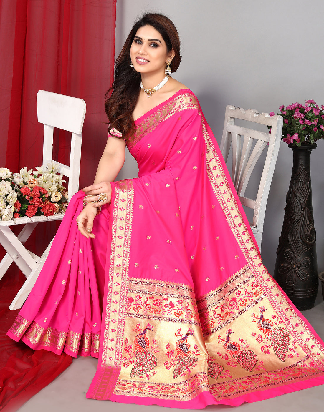 Pink Paithani Silk Saree With Zari Weaving Work | Leemboodi