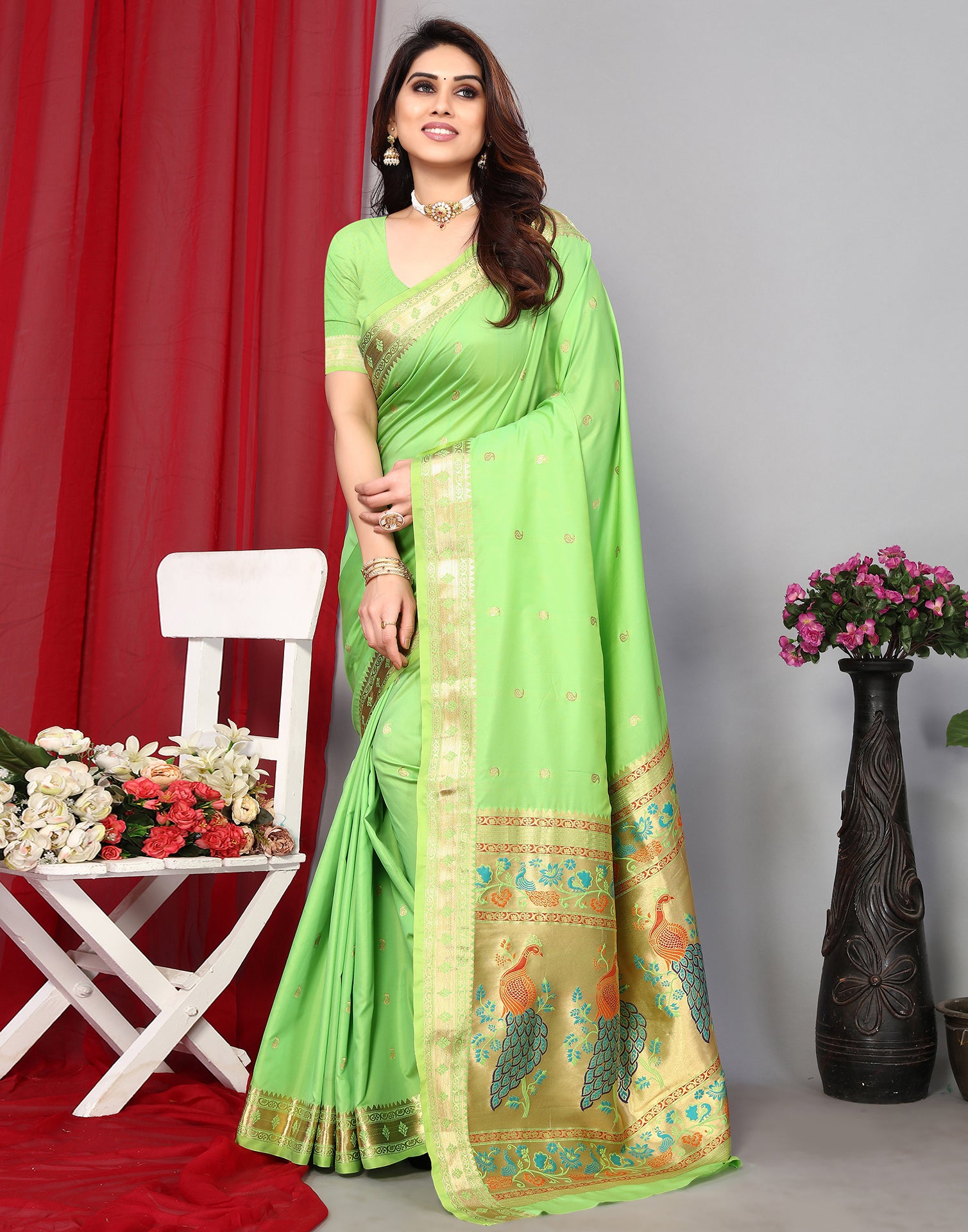 Vishal Prints Lime Green Chiffon Saree With Zari Border