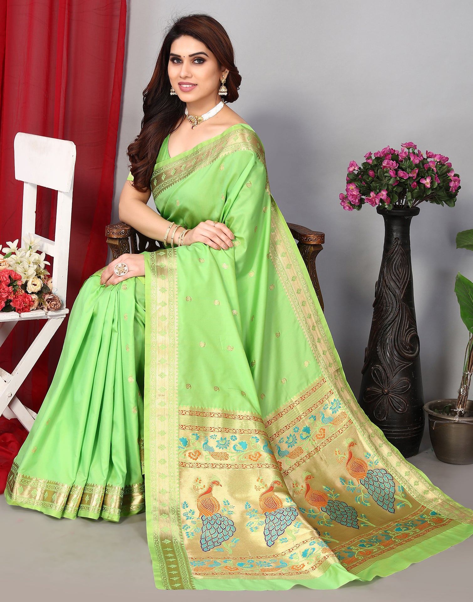 Buy Online Dark Green Premium Paithani Silk Women's Saree.