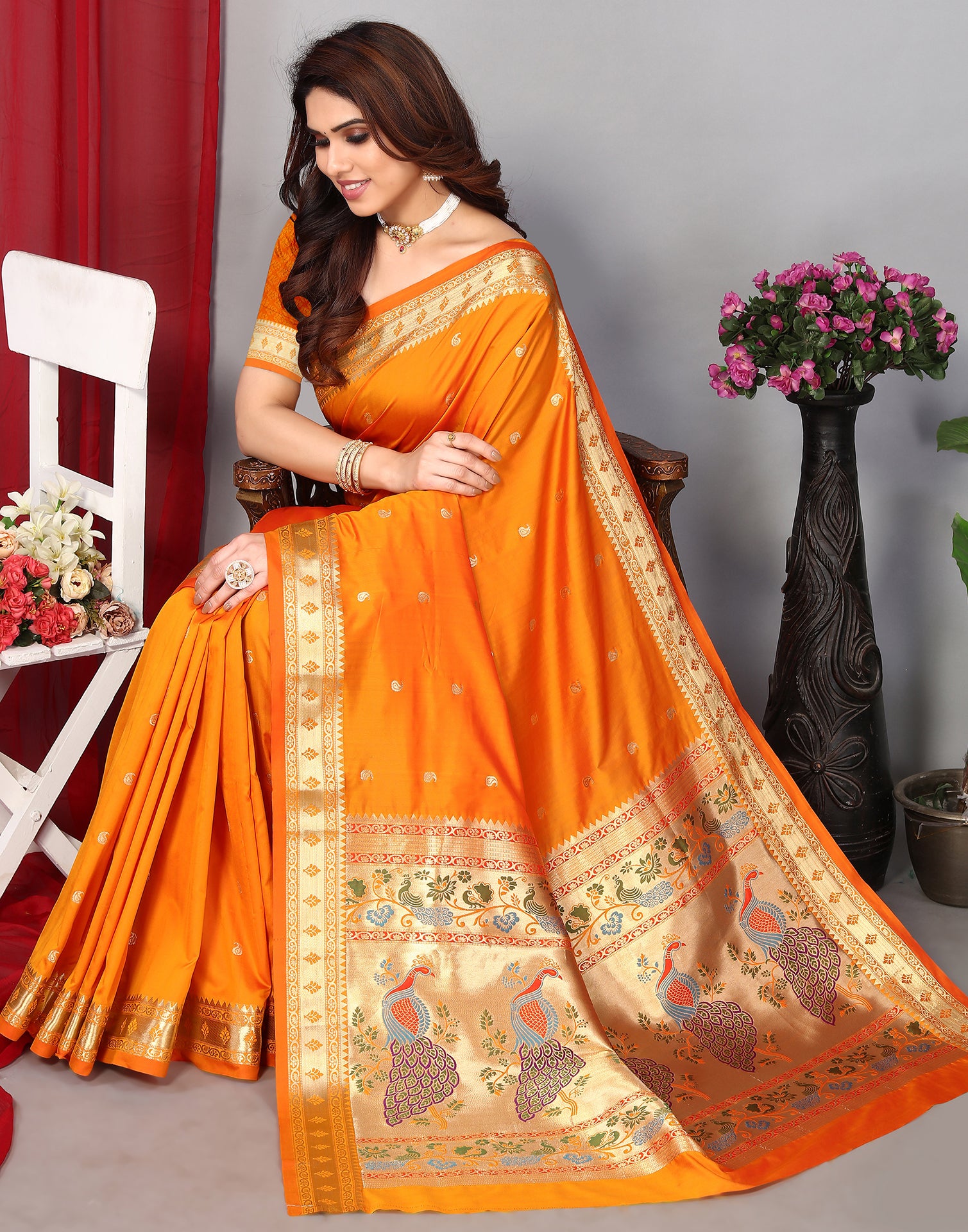 Orange Paithani Silk Saree With Zari Weaving Work | Leemboodi