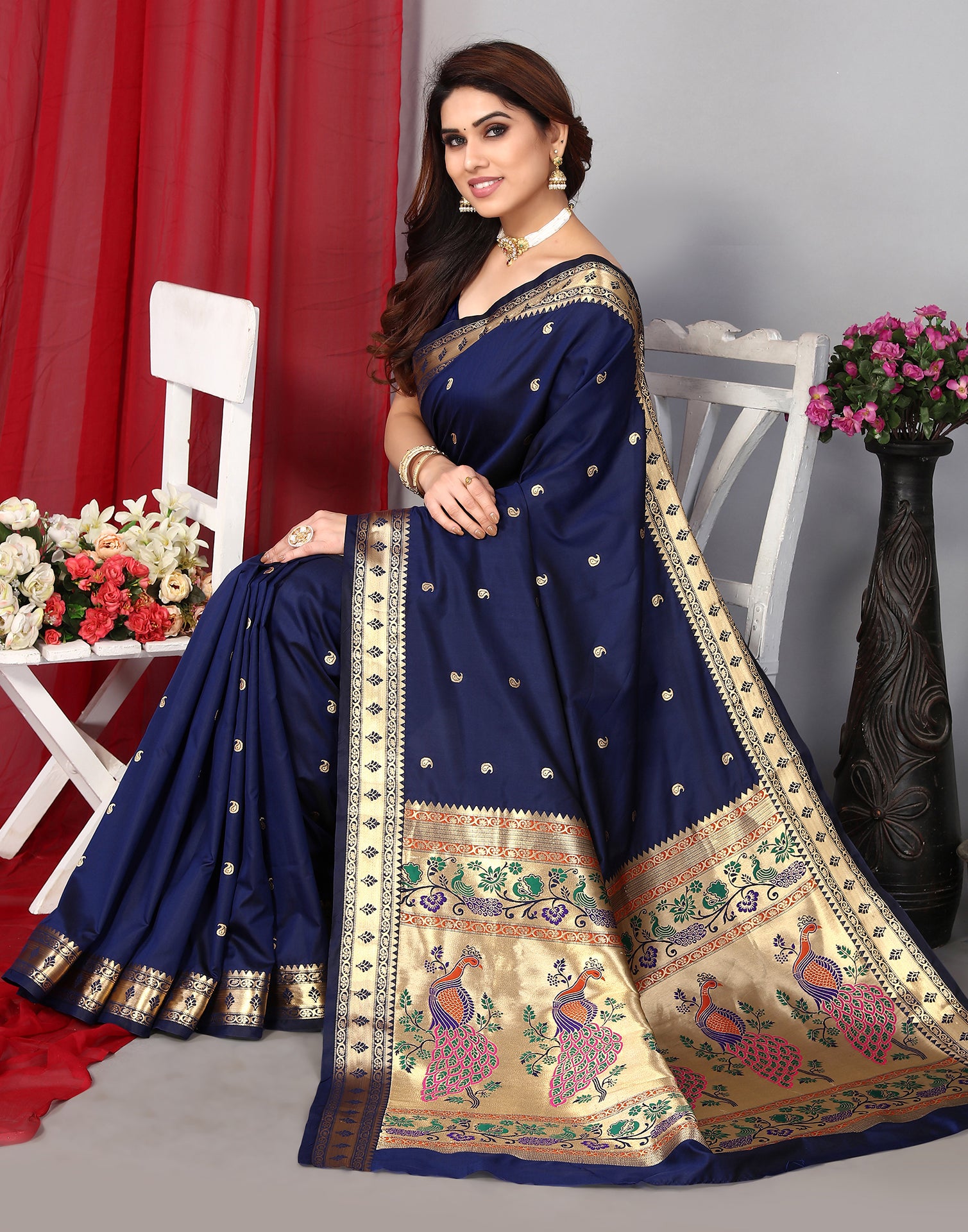 Pure Paithani Silk Royal Blue Saree – Sunasa