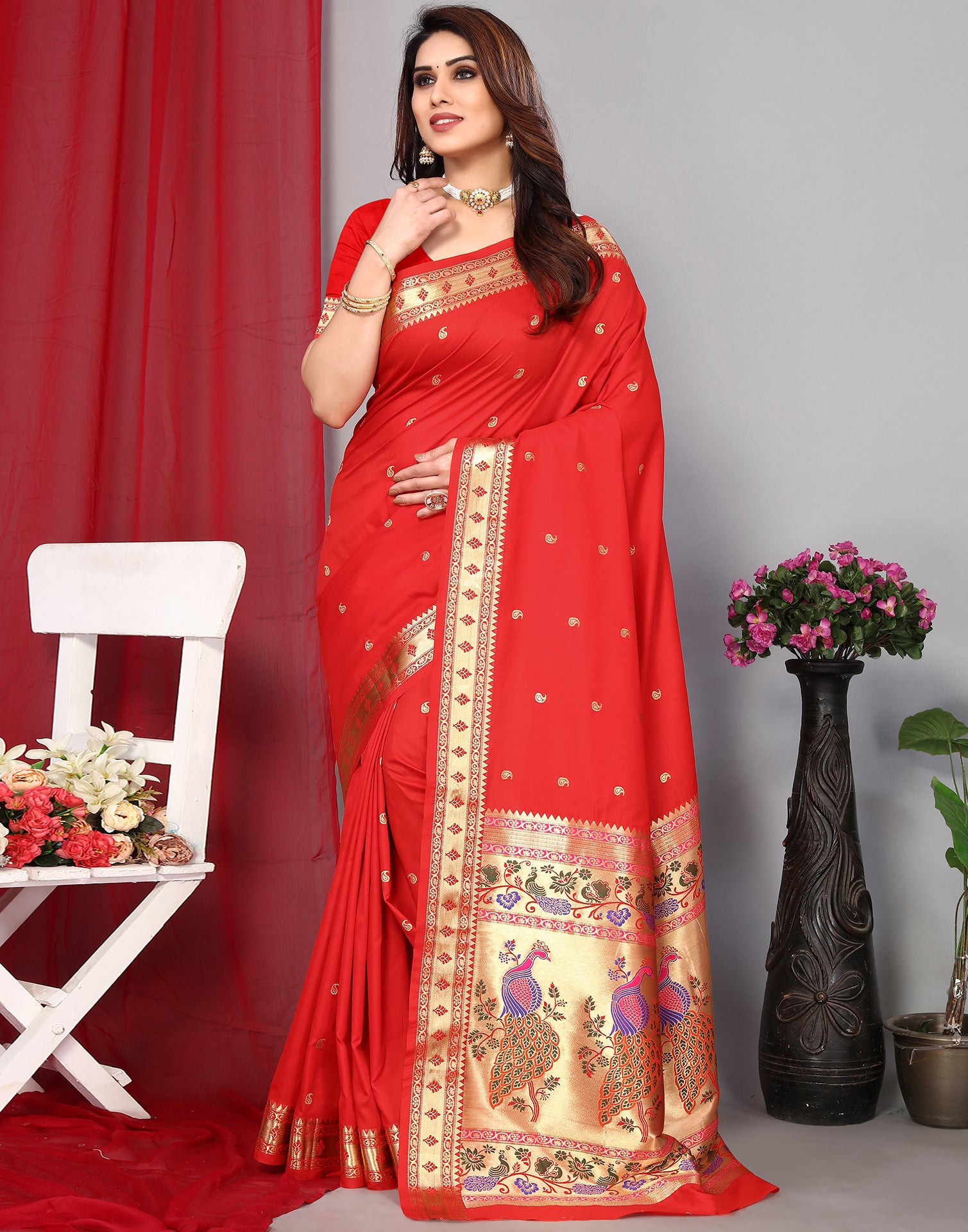 Red Paithani Silk Saree With Zari Weaving Work | Leemboodi