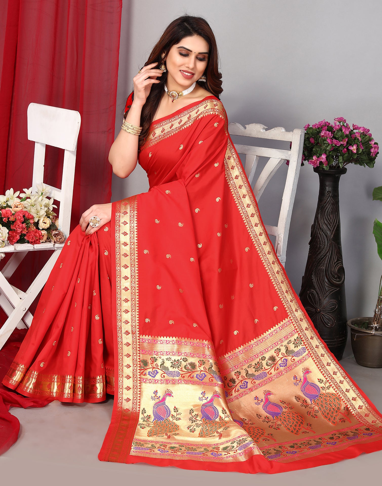 RED PAITHANI SAREE WITH PARROT DESIGN-LORD001P – www.soosi.co.in