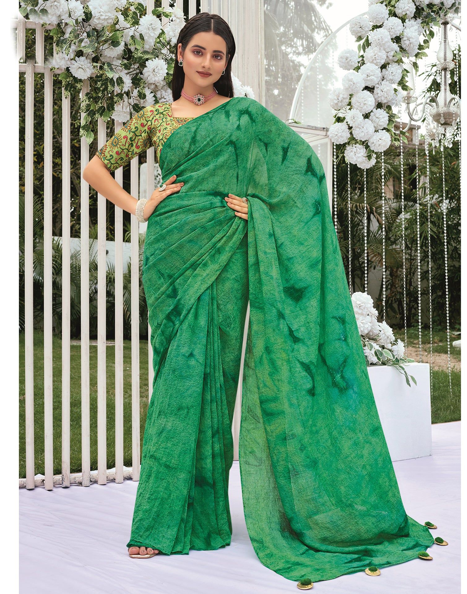 Sea green satin georgette saree with blouse 1104