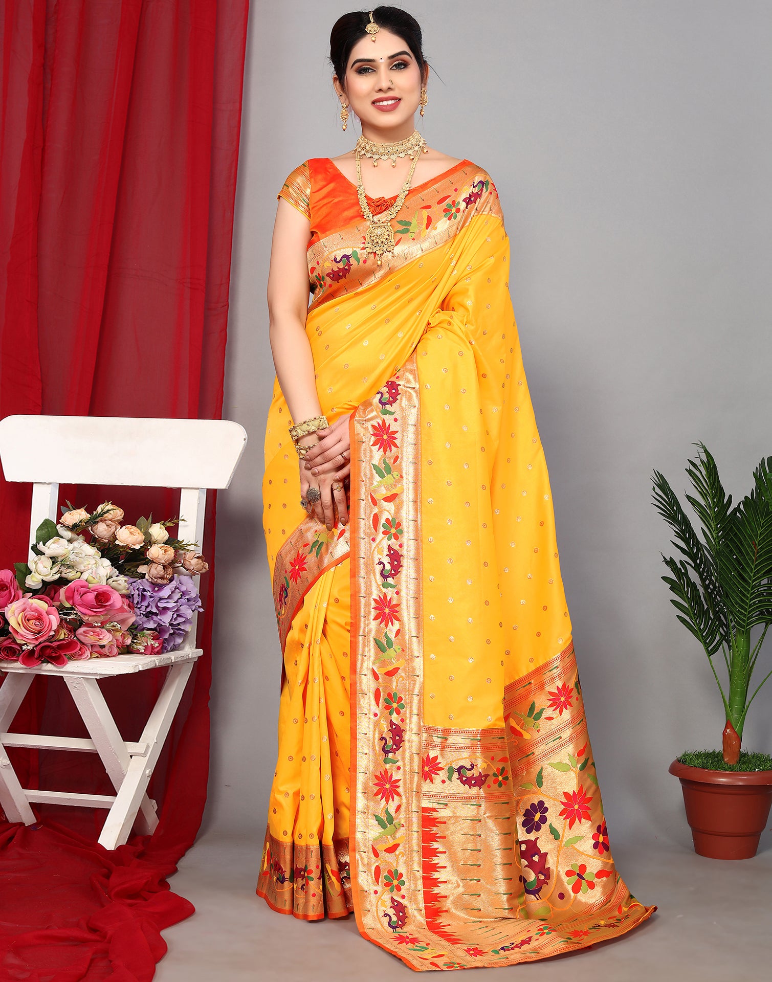 Mustard Yellow Paithani Silk Saree | Leemboodi