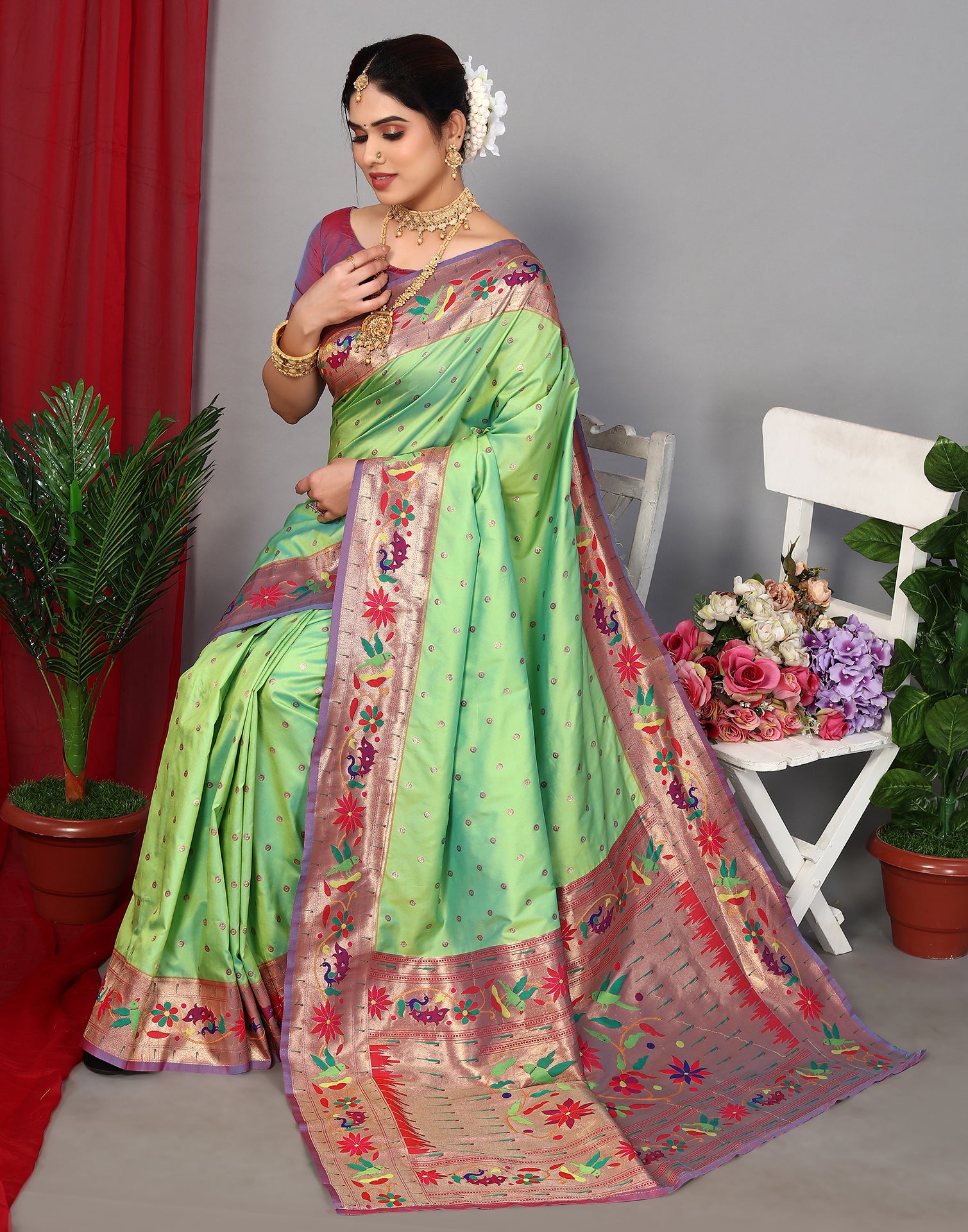 Parrot Green Semi Silk Paithani Saree with Blouse
