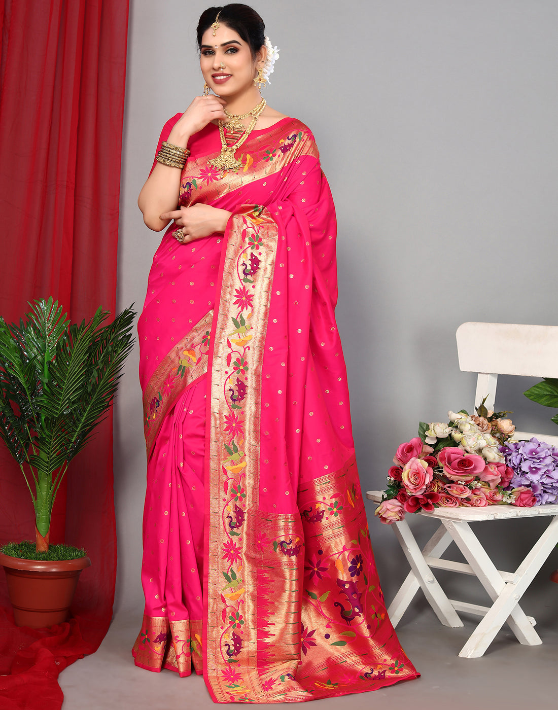Rani Pink Paithani Silk Saree | Leemboodi