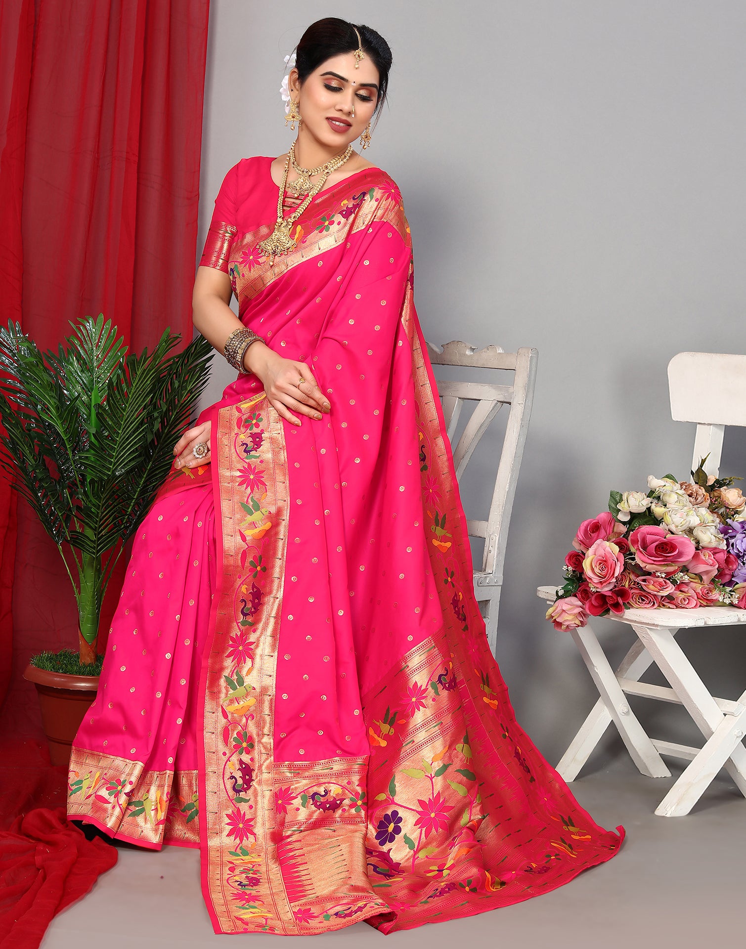 Rani pink zari woven paithani silk traditional saree with blouse - AASTHA  FASHION - 4216284