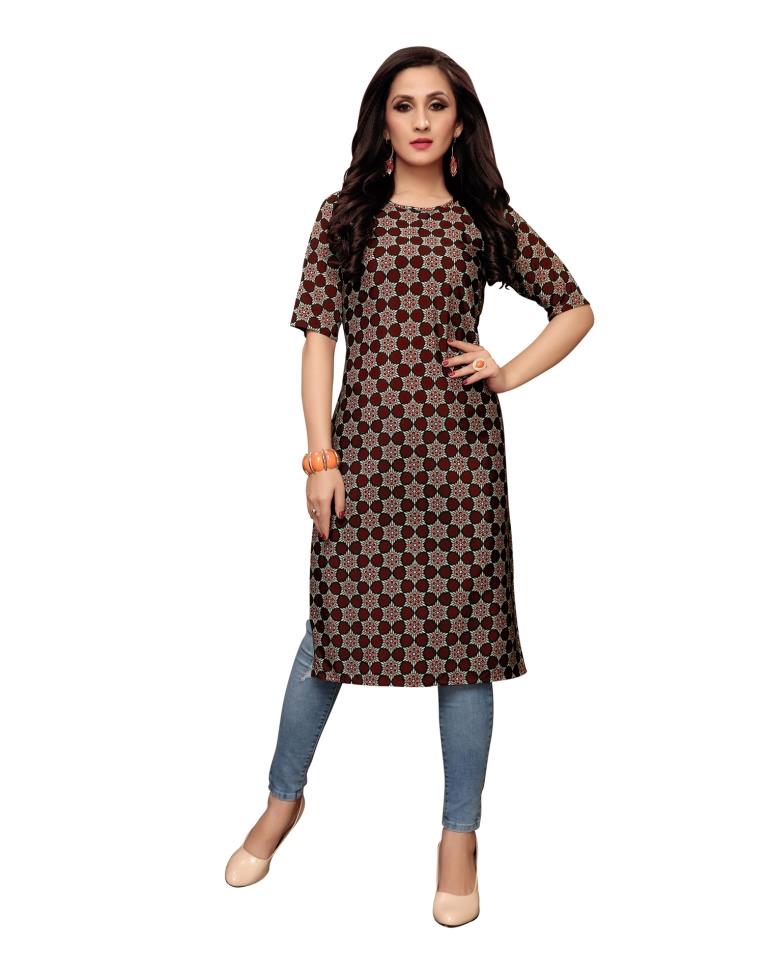 Maroon Printed Crepe Kurti | Leemboodi