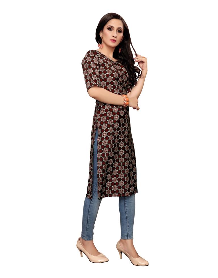 Maroon Printed Crepe Kurti | Leemboodi