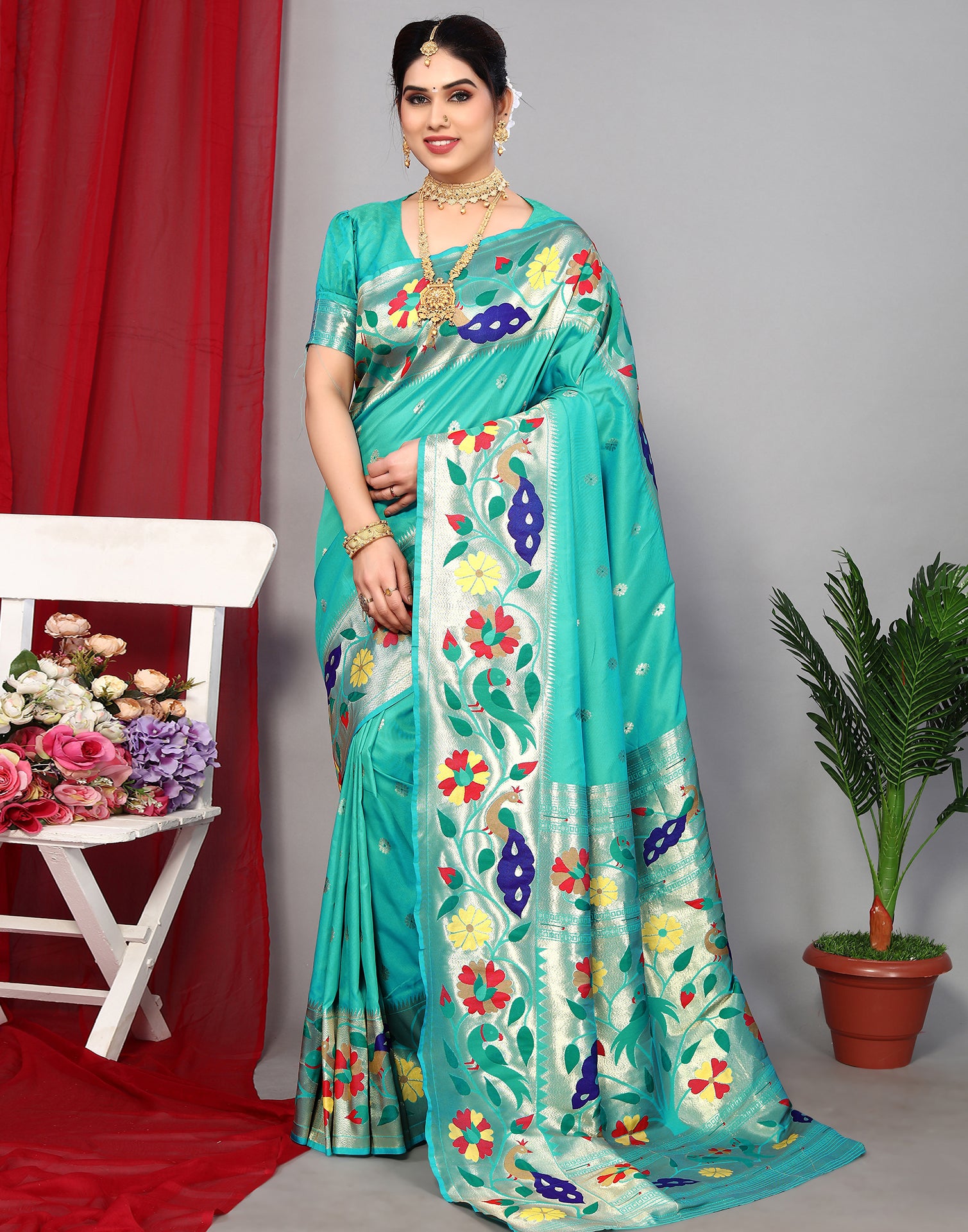 Paithani Silk Butta Parrot Green Saree | Kankatala