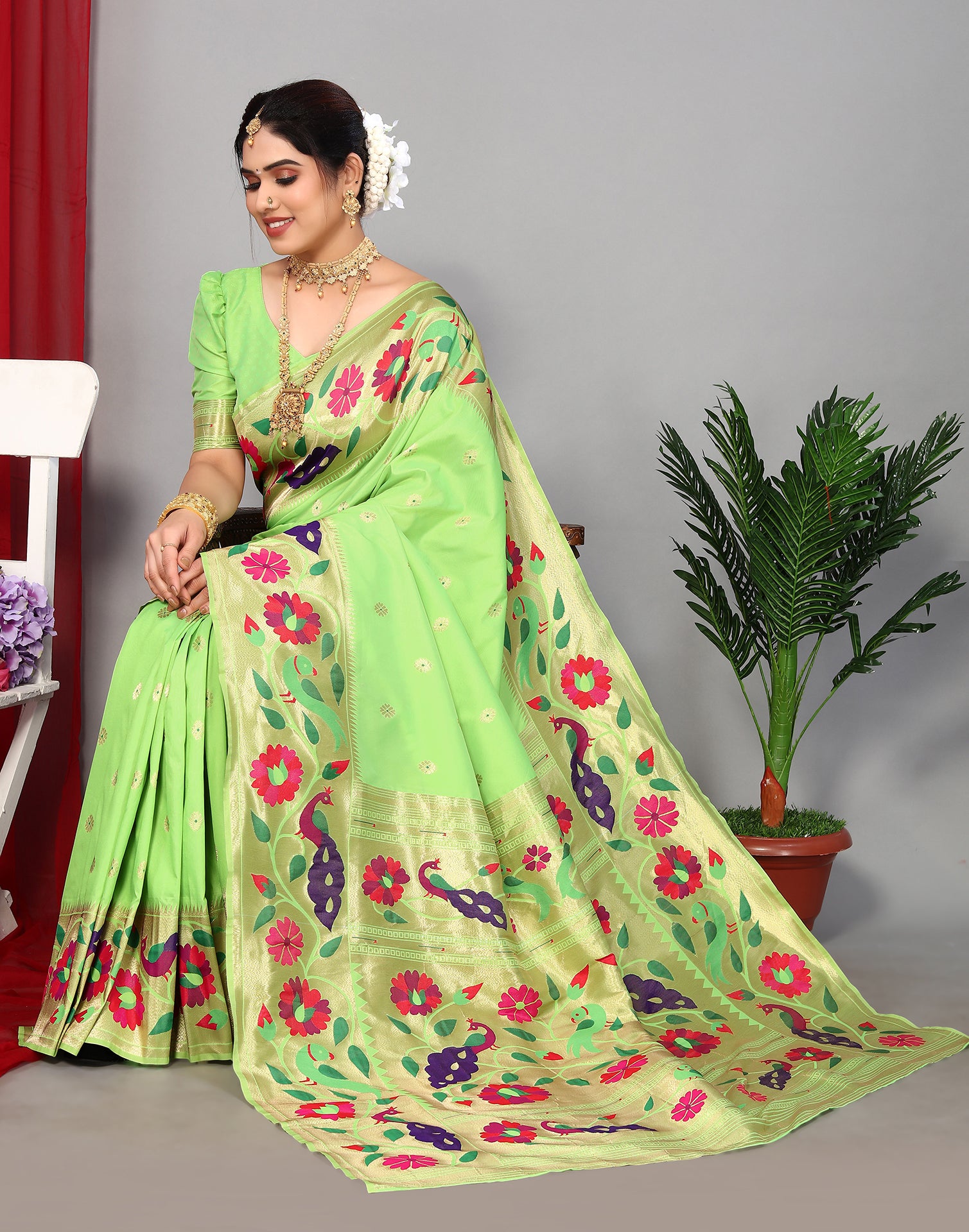 Best Price Designer Rich Pallu Semi Paithani Saree ( Range-4) - Parrot Green