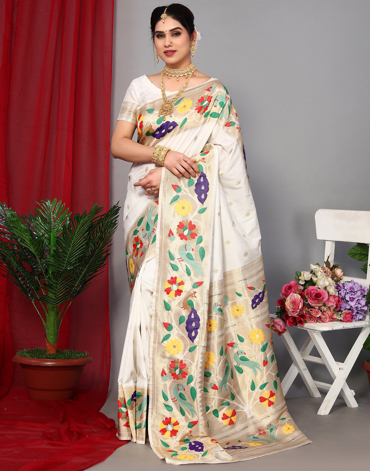 Buy Rajsi Topselling~Handloom Pure Cotton Paithani With Asawali Pallu~ Off  White Golden - Very Much Indian – verymuchindian.com