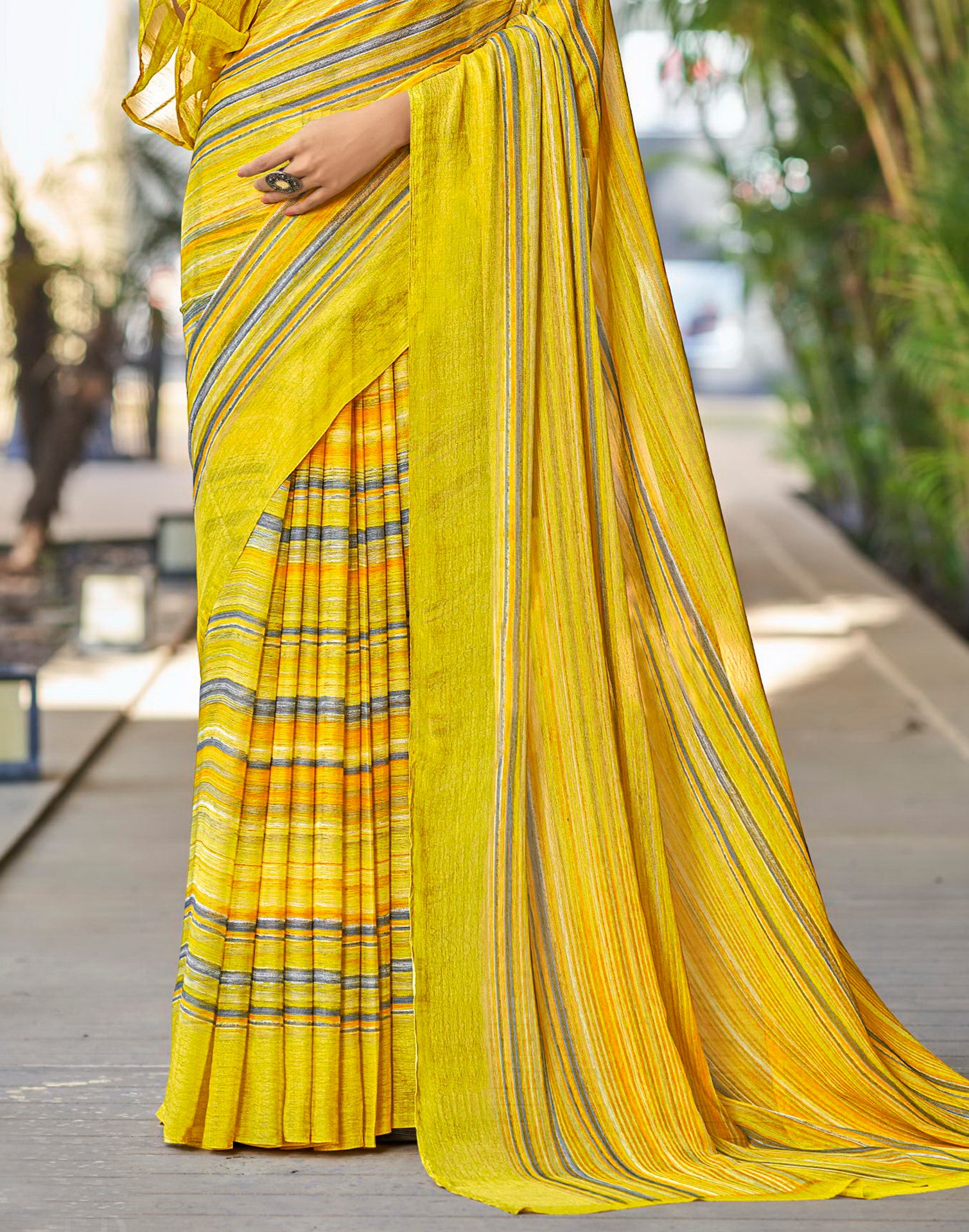 Mustard Yellow color Chiffon sarees with digital printed and work saree  design -CHIF0001193