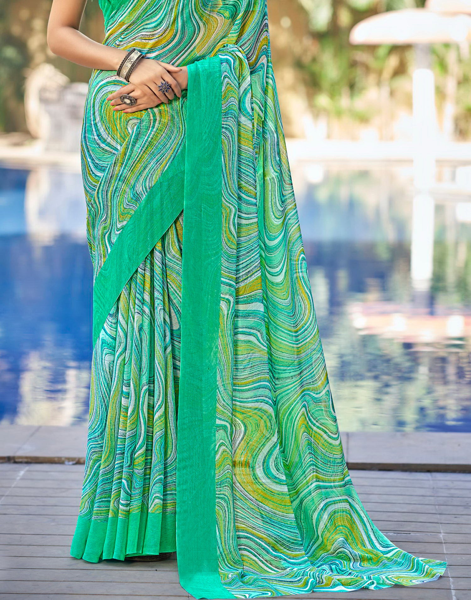 Turquoise Printed Chiffon Saree | Leemboodi