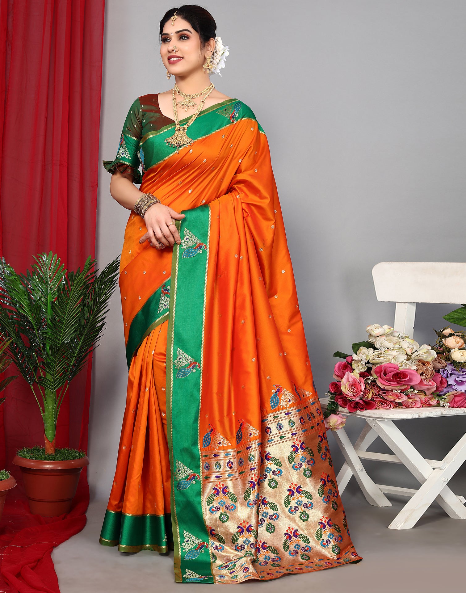 Designer Pure Naylon Red With Green Combination With Golden Zari Weaving  With Tassels