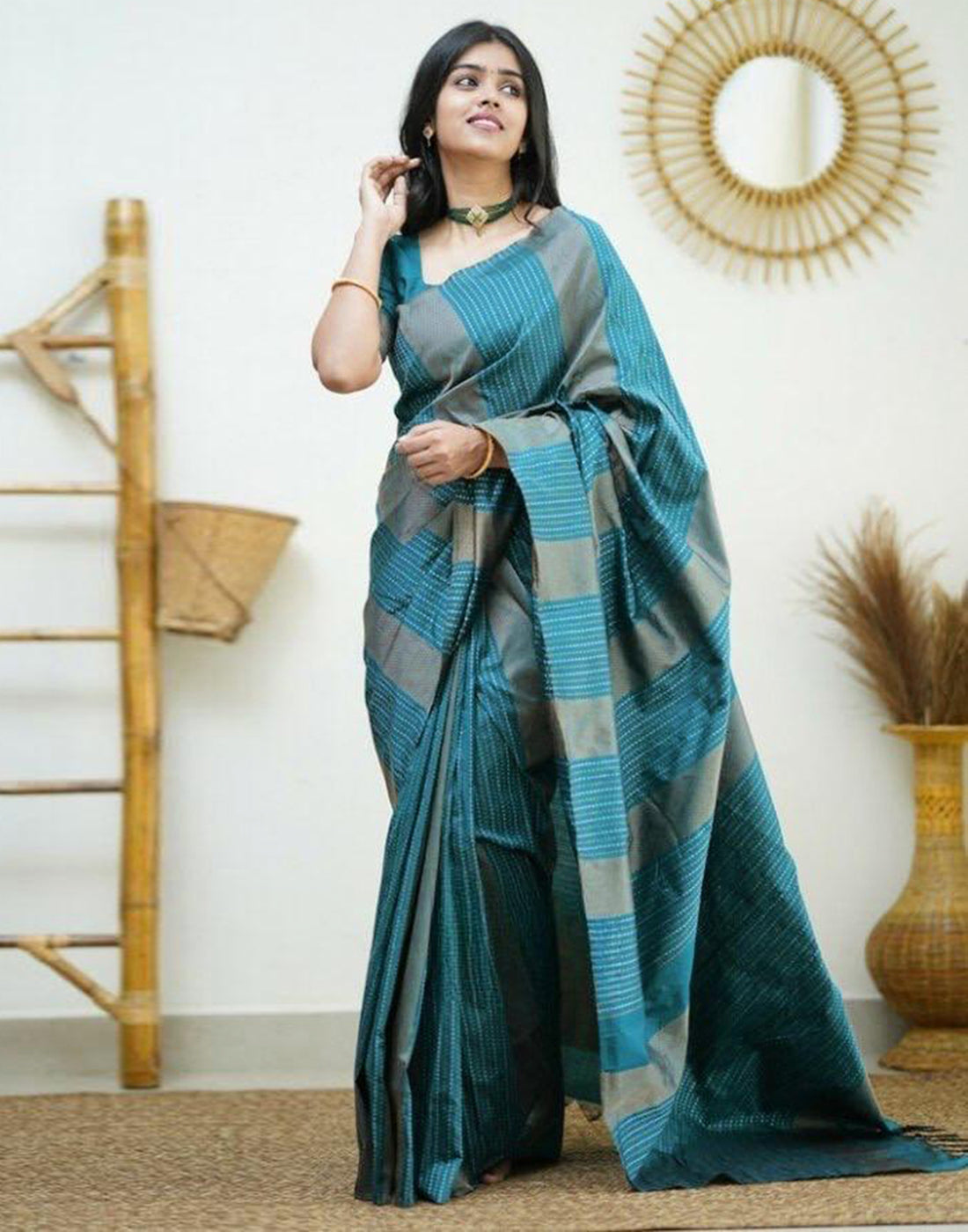 Teal Blue Banarasi Silk Saree | Leemboodi