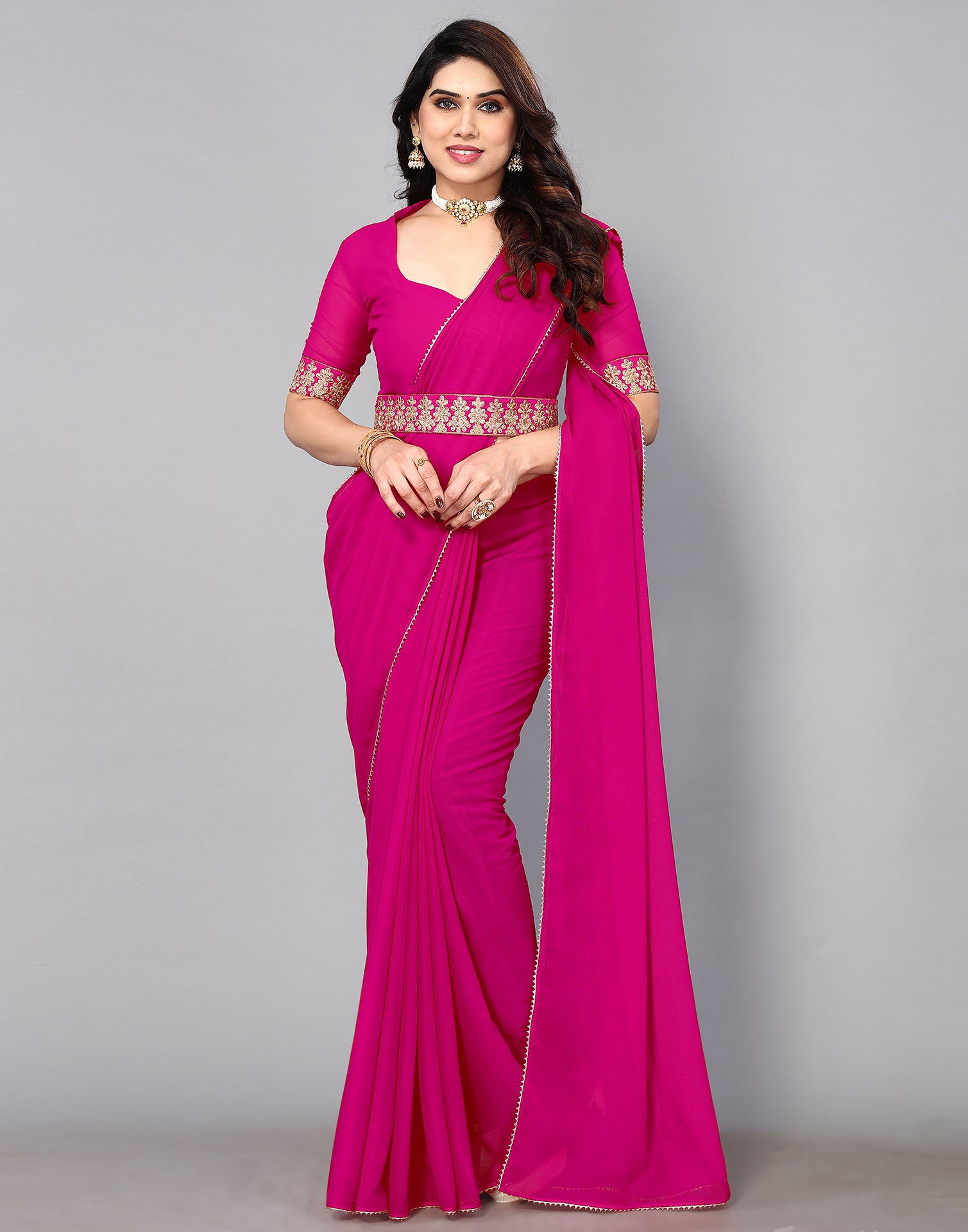 Rani Pink Colour Wedding Saree in Satin,Georgette Fabric.