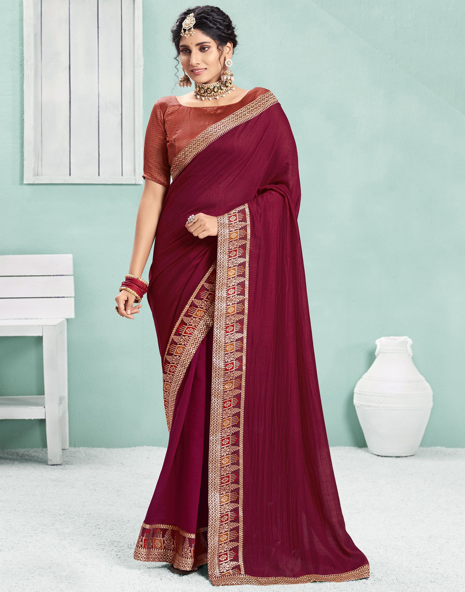 Maroon Plain Saree With Designer Blouse | Fancy sarees party wear, Fancy  sarees, Traditional dresses