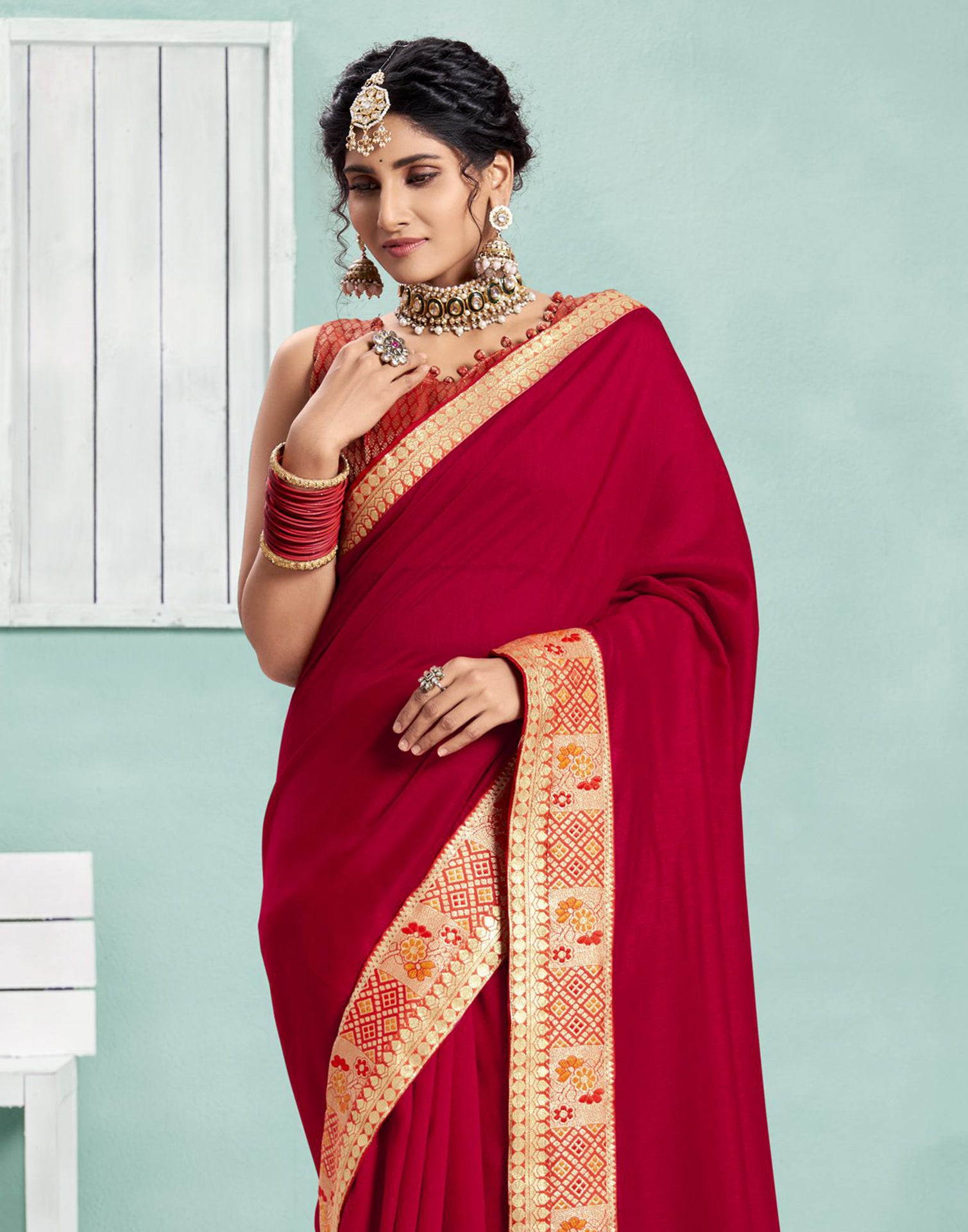 Sale Stone Work Plain Silk Red Saree|SARV123011