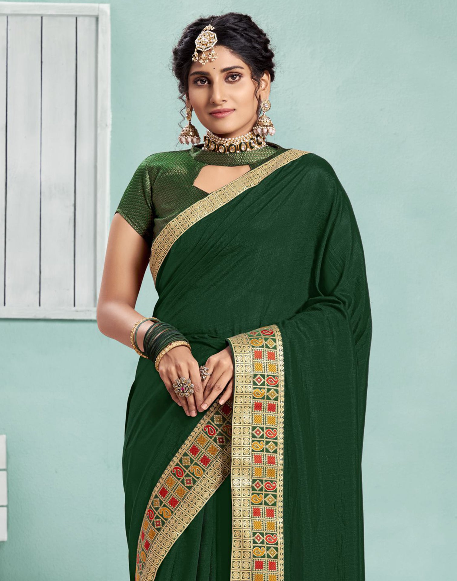 Bottle Green Color Plain Pure Banarasi Silk Saree - Golden Zari Broad –  BharatSthali