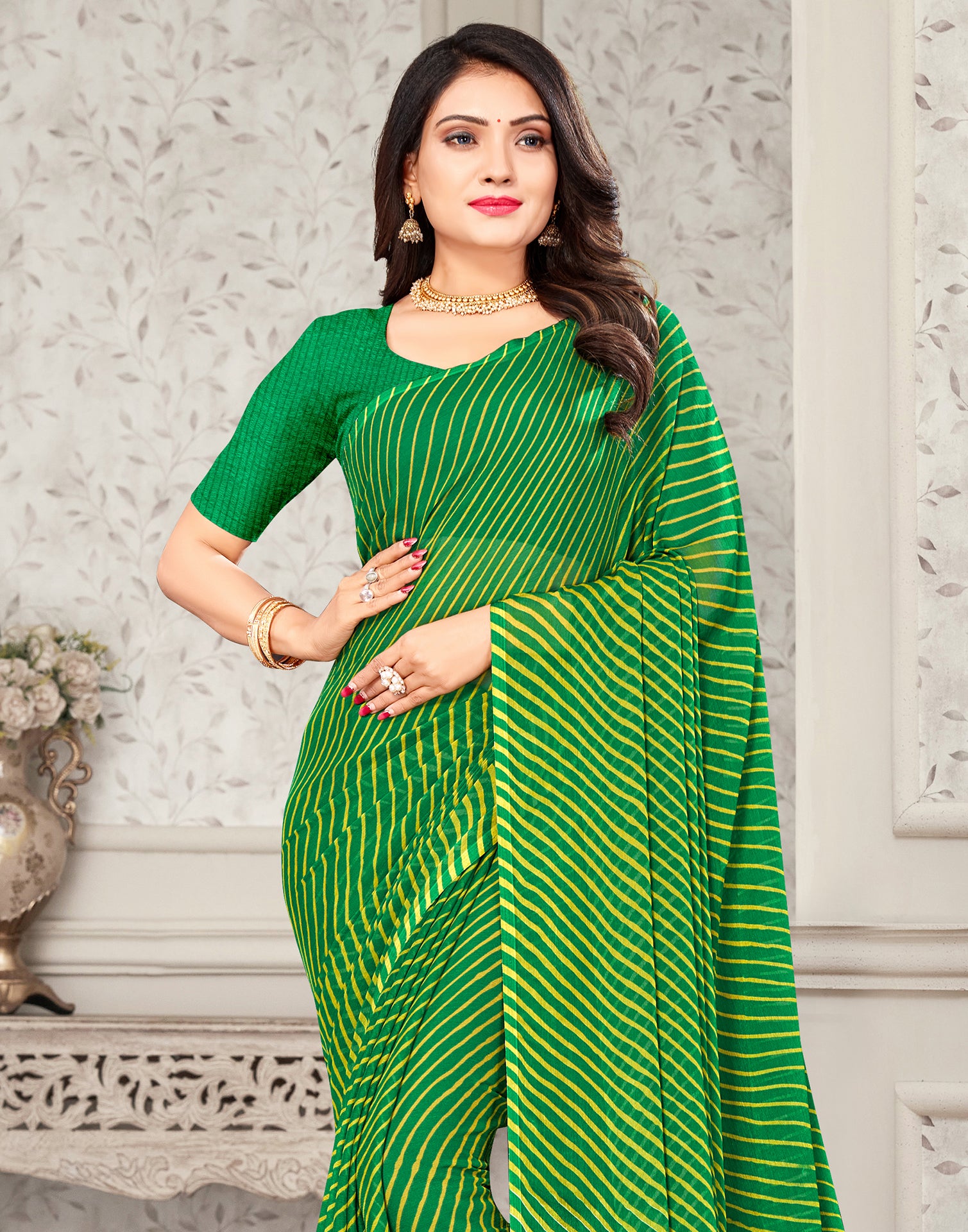 Stunning Yellow & Green Pearl Chiffon Saree - Cut Dana Work Ethnic Wear –  Luxurion World