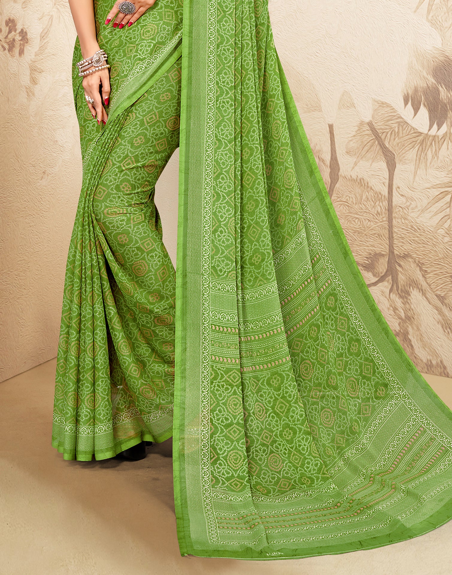 Light Green Bandhani Chiffon Saree | Leemboodi