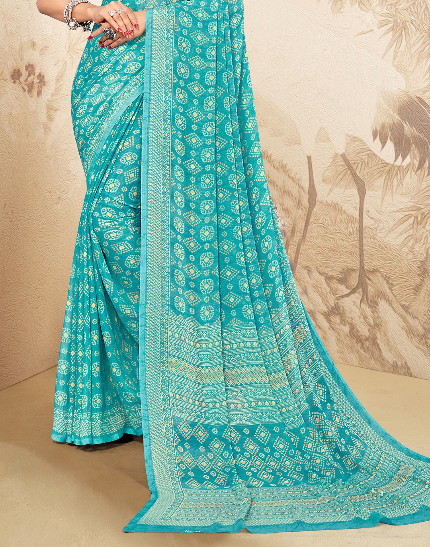 Turquoise Bandhani Chiffon Saree | Leemboodi