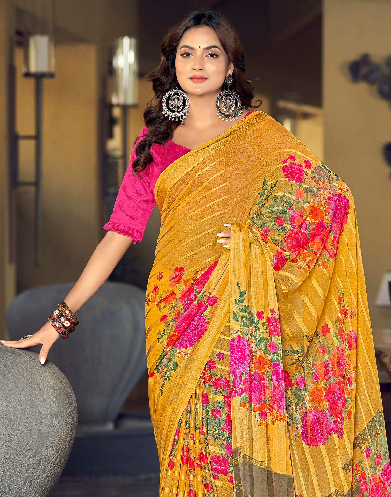 Stunning Pink Chiffon Flower Print Women Saree with Blouse piece