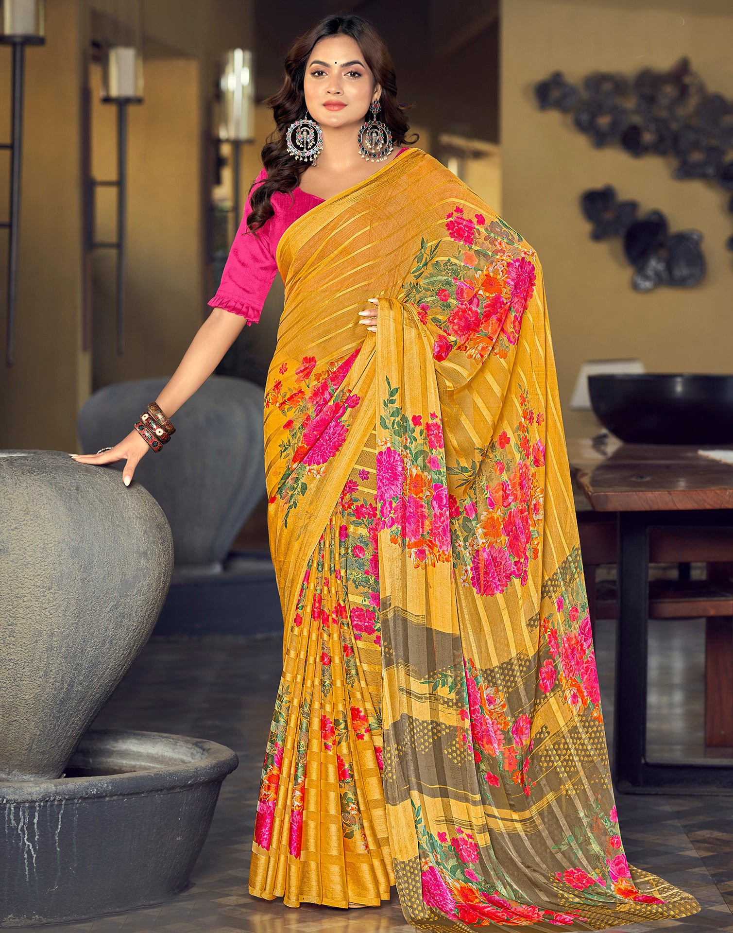 Yellow Color Dola Silk Weave Printed Saree