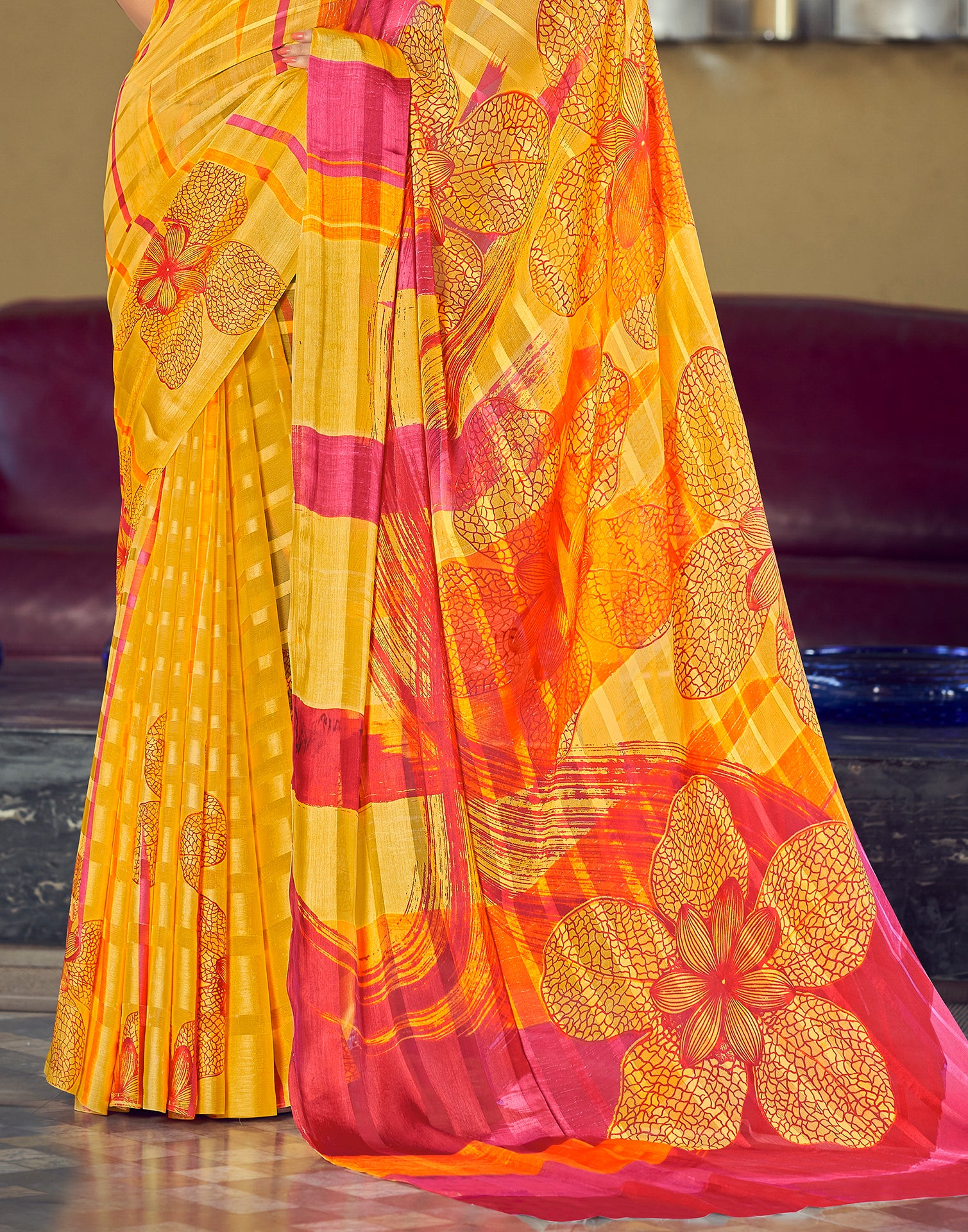 Yellow Printed Chiffon Saree | Leemboodi