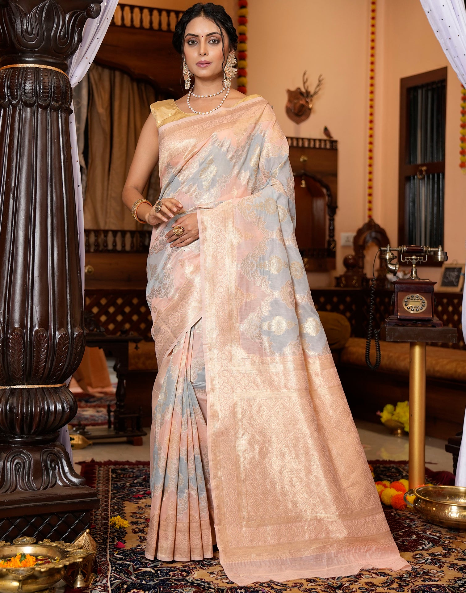 Peach Banarasi Silk Saree | Leemboodi