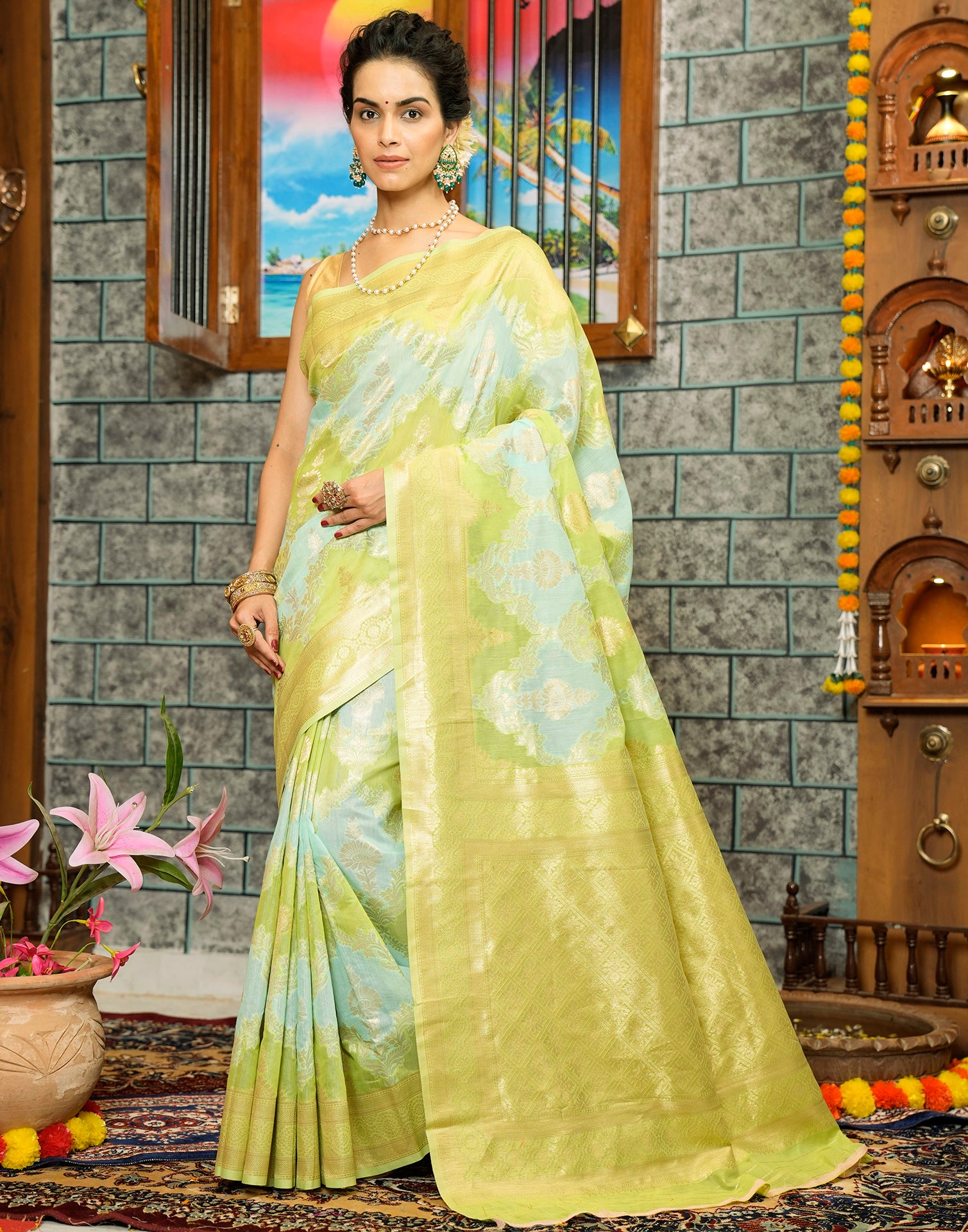 Buy Light Green Banarasi Silk Saree With Blouse Piece online-Karagiri