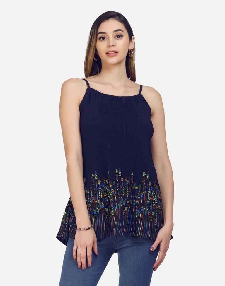 Navy Blue Coloured Crepe Printed Top | Leemboodi