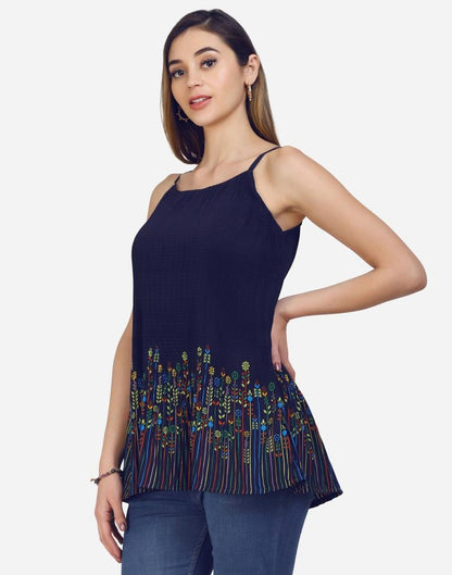 Navy Blue Coloured Crepe Printed Top | Leemboodi