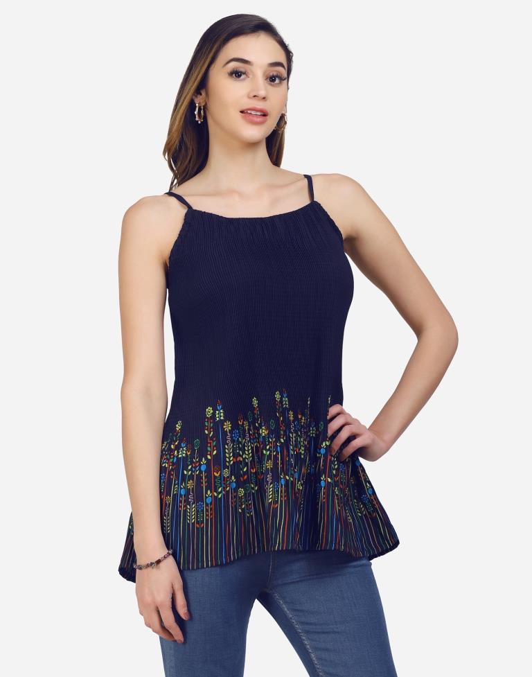 Navy Blue Coloured Crepe Printed Top | Leemboodi