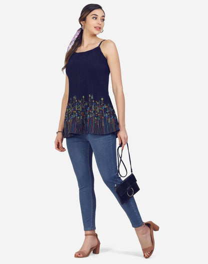 Navy Blue Coloured Crepe Printed Top | Leemboodi