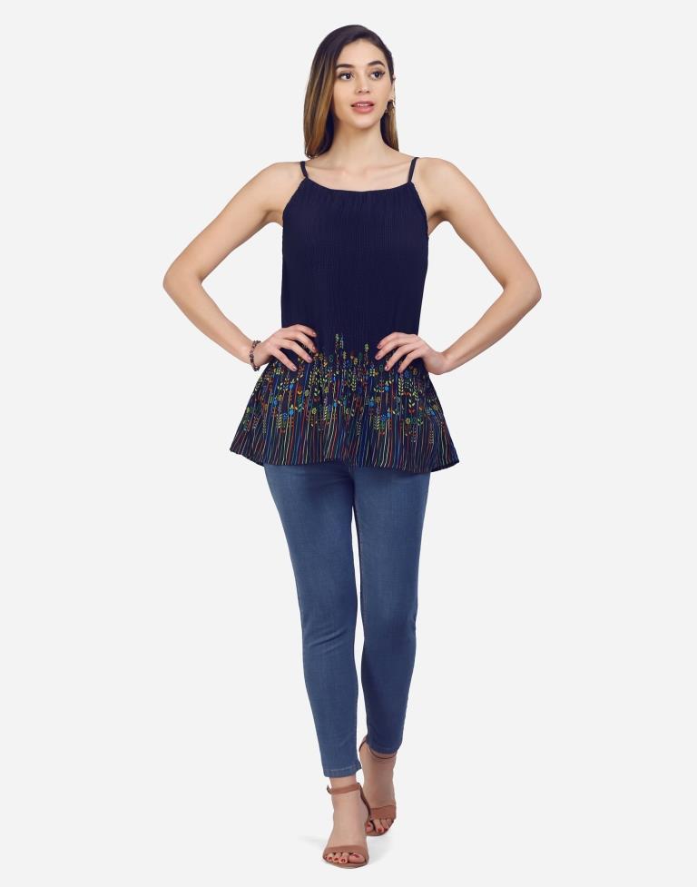 Navy Blue Coloured Crepe Printed Top | Leemboodi