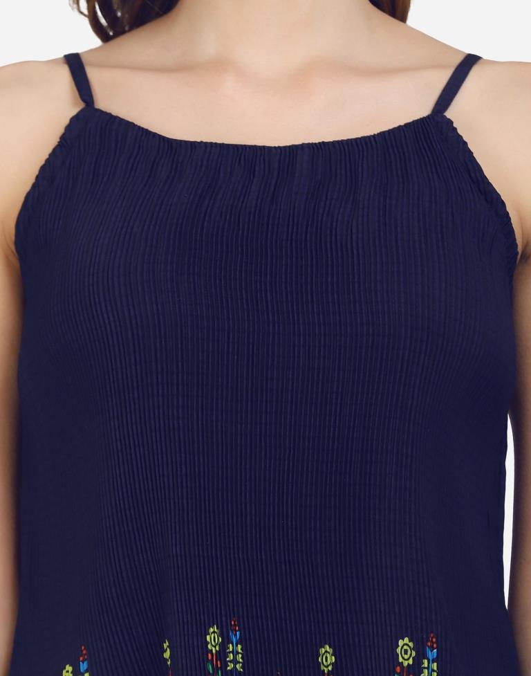 Navy Blue Coloured Crepe Printed Top | Leemboodi