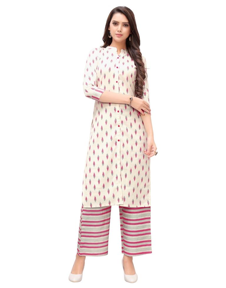 Off White Block Printed Cotton Kurti | Leemboodi