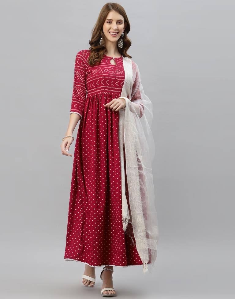 Red Printed Gown with Dupatta | Leemboodi