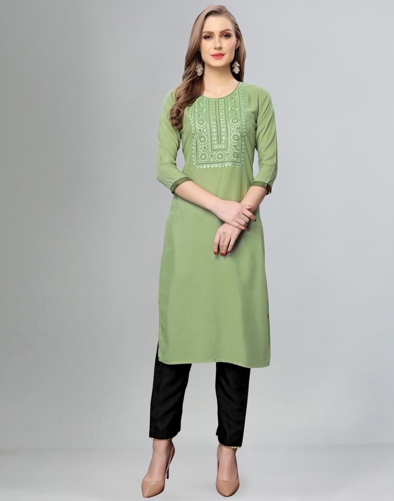 Gorgeous Green Coloured Thread Embroidery Rayon Kurti | Leemboodi