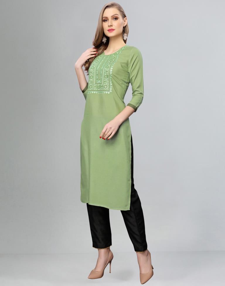 Gorgeous Green Coloured Thread Embroidery Rayon Kurti | Leemboodi