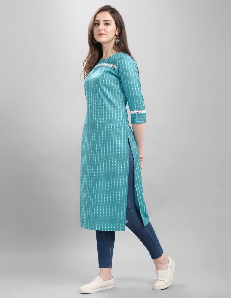Ambitious Blue Coloured Self Design Cotton Kurti | Leemboodi