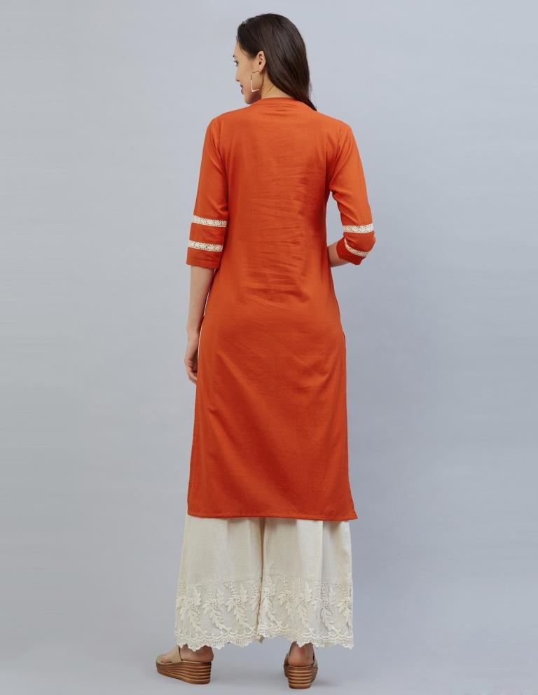 Adorable Orange Coloured Laced Cotton Kurti | Leemboodi