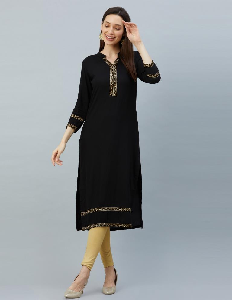 Versatile Black Coloured Laced, Foil Print Rayon Kurti | Leemboodi